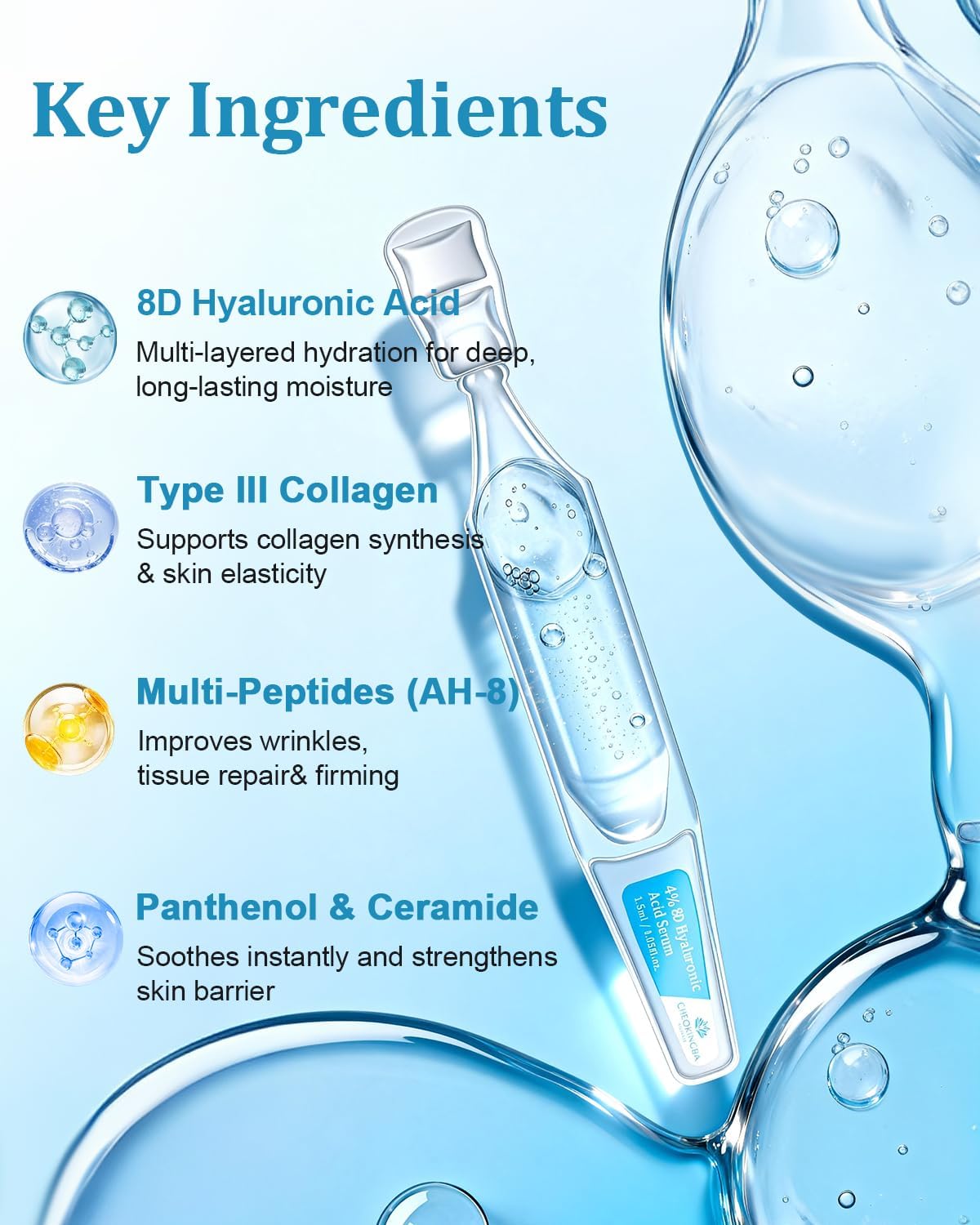 4% Hyaluronic Acid Serum for Face, 8D Hyaluronic Acid Ultra Hydrating Anti-Aging Serum with 20,000ppm Acetyl Hexapeptide-8, Korean Skincare Single-Use Ampoule for Dry & Sensitive Skin, 30pcs - Image 5