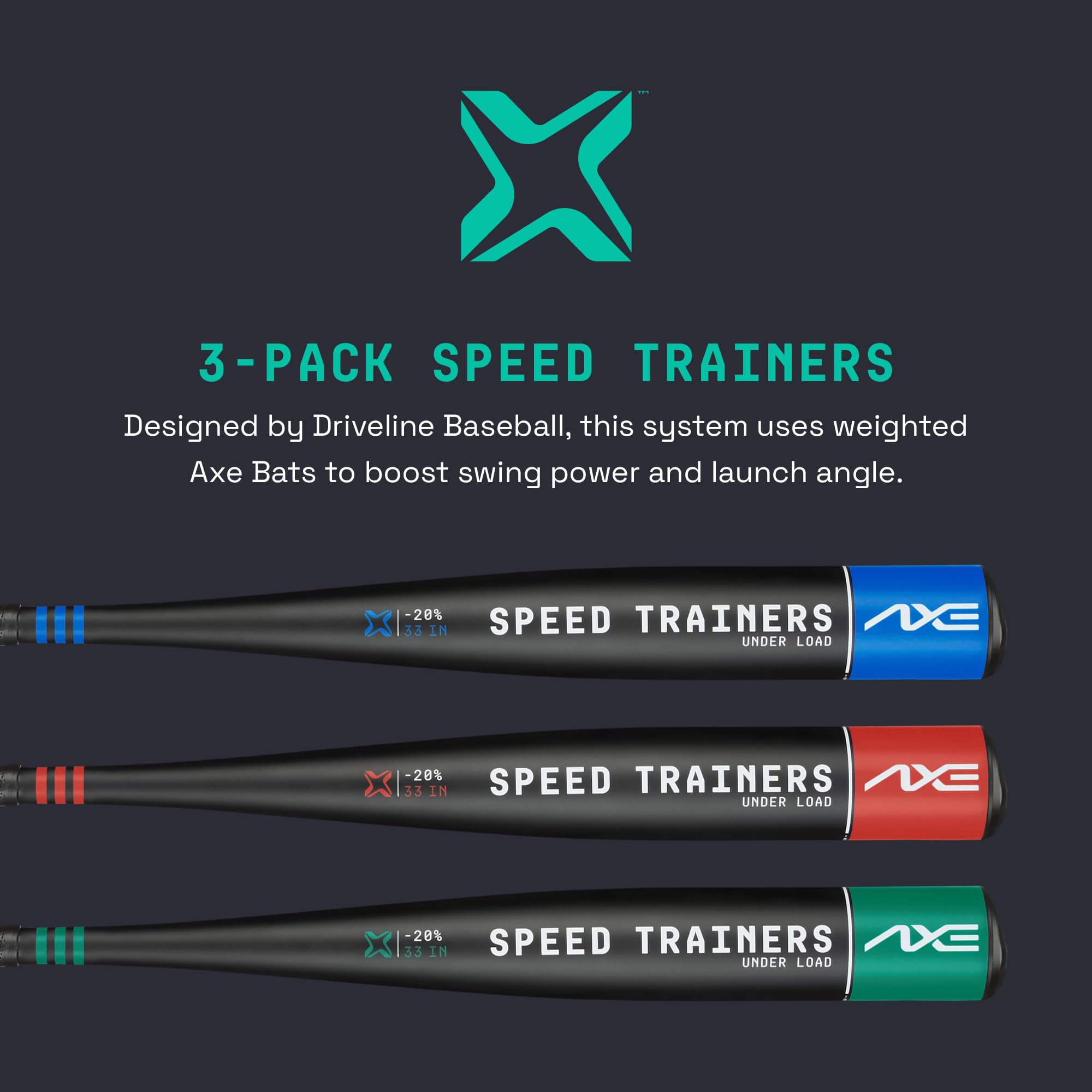 Axe | Speed Trainers | 3-Pack Weighted Baseball Bat Hitting Sytem | Powered by Driveline Baseball | Flared Handle | 33 Inch