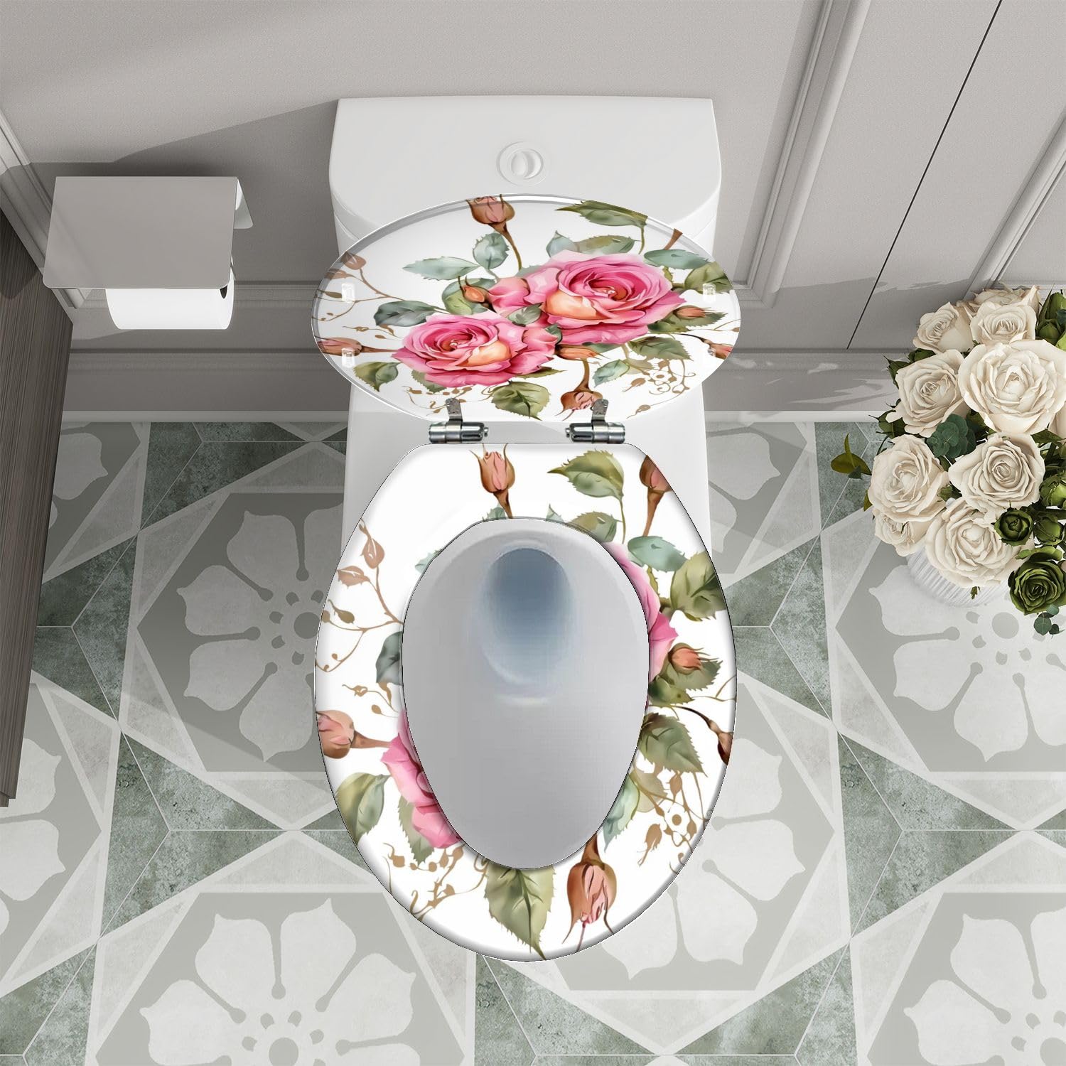 Dekorativer, länglicher WC-Sitz in Aquarellrosa aus Kunstharz mit Absenkautomatik und Schnellverschluss, inklusive Deckel, einfache Montage
