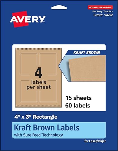 Avery Etiquetas rectangulares marrón Kraft, tecnología Sure Feed, 4 "x 3", 60 etiquetas marrón Kraft, impresión hasta el borde, imprimible con