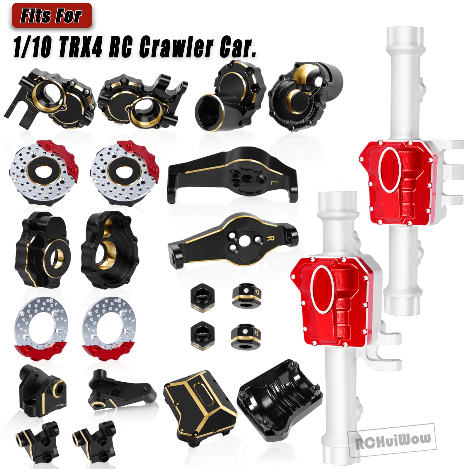 RCHuiWow RC Upgrades Part for 1/10 TRX4,Brass Front & Rear Portal Axles/Diff Covers/Caster Blocks C Hub Carrier,Inner & Outer Portal Cover Housing,Axle Mount,Hex Hub w/Red Diff Covers,Silver