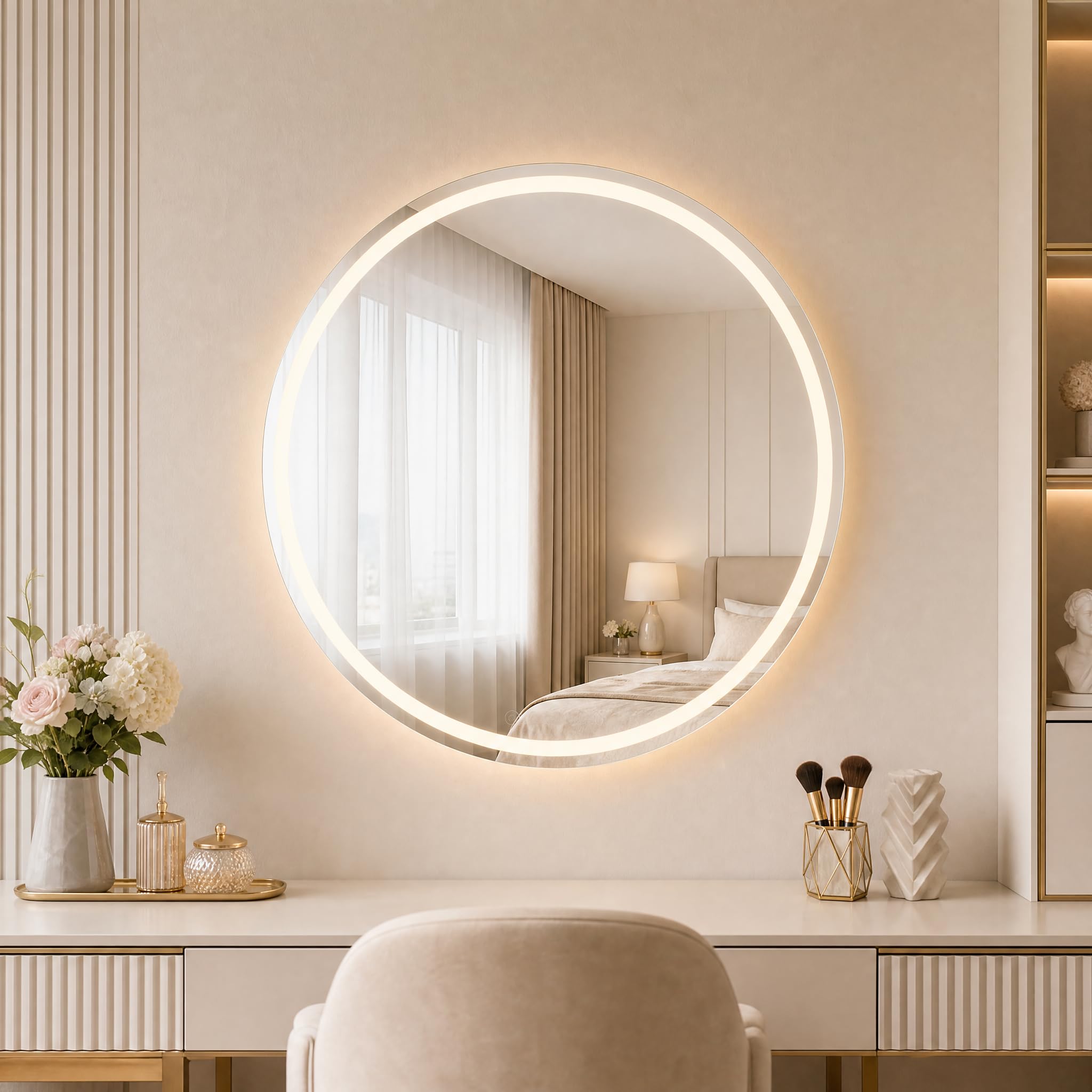 Koonmi runder LED Badspiegel 60 cm, dimmbar | Wandspiegel mit 3 Lichtfarben, Antibeschlagfunktion und bruchsicherem Glas für Badezimmer und Waschtisch
