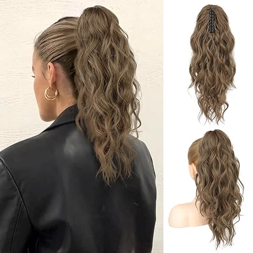 FLUFYMOOZ Extensión de cola de caballo, extensión de cola de caballo con clip de garra de 18 pulgadas, cabello ondulado y rizado con clip, cola de