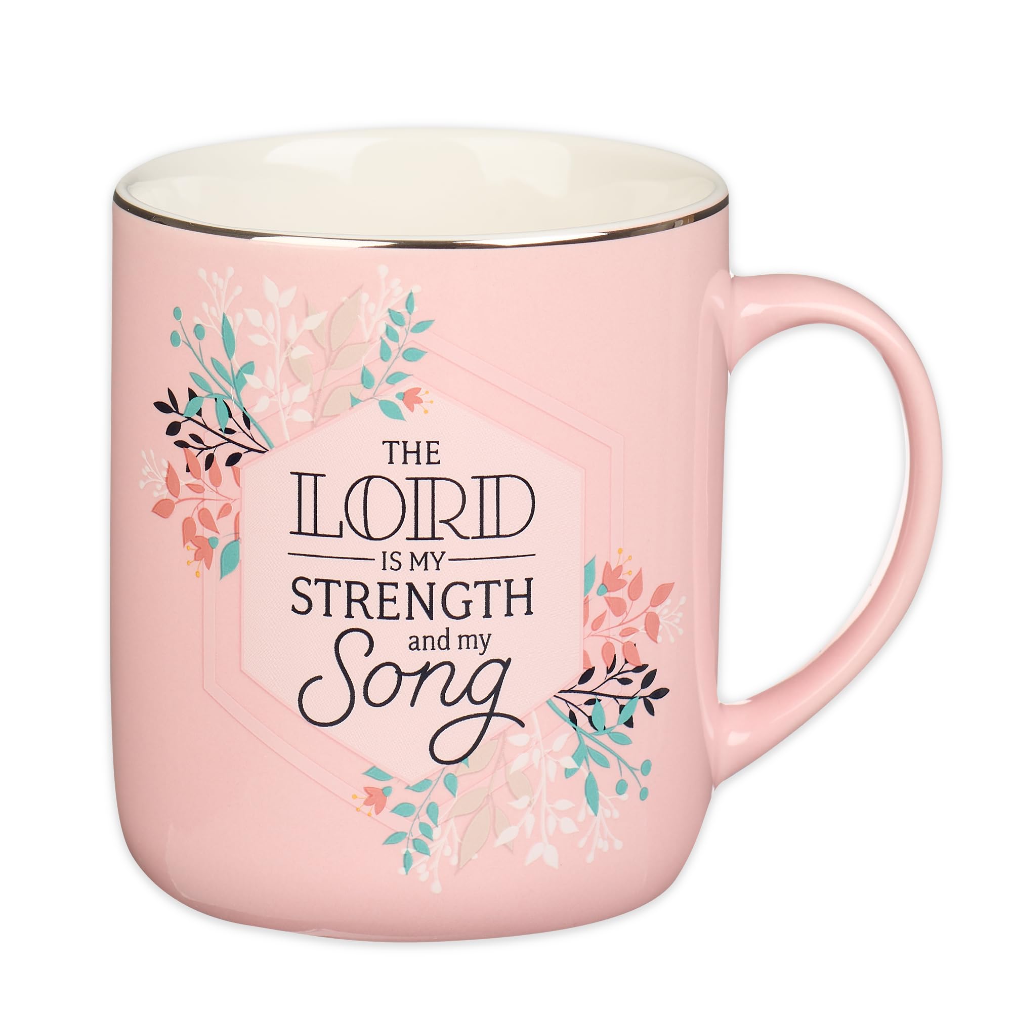 Christian Art Gifts Large, 14 oz Ceramic Scripture Coffee & Tea Mug for Women: The Lord is My Strength - Psalm 118:14 Inspirational Bible Verse, Lead-free Drinkware w/Silver Rim, Pink Floral