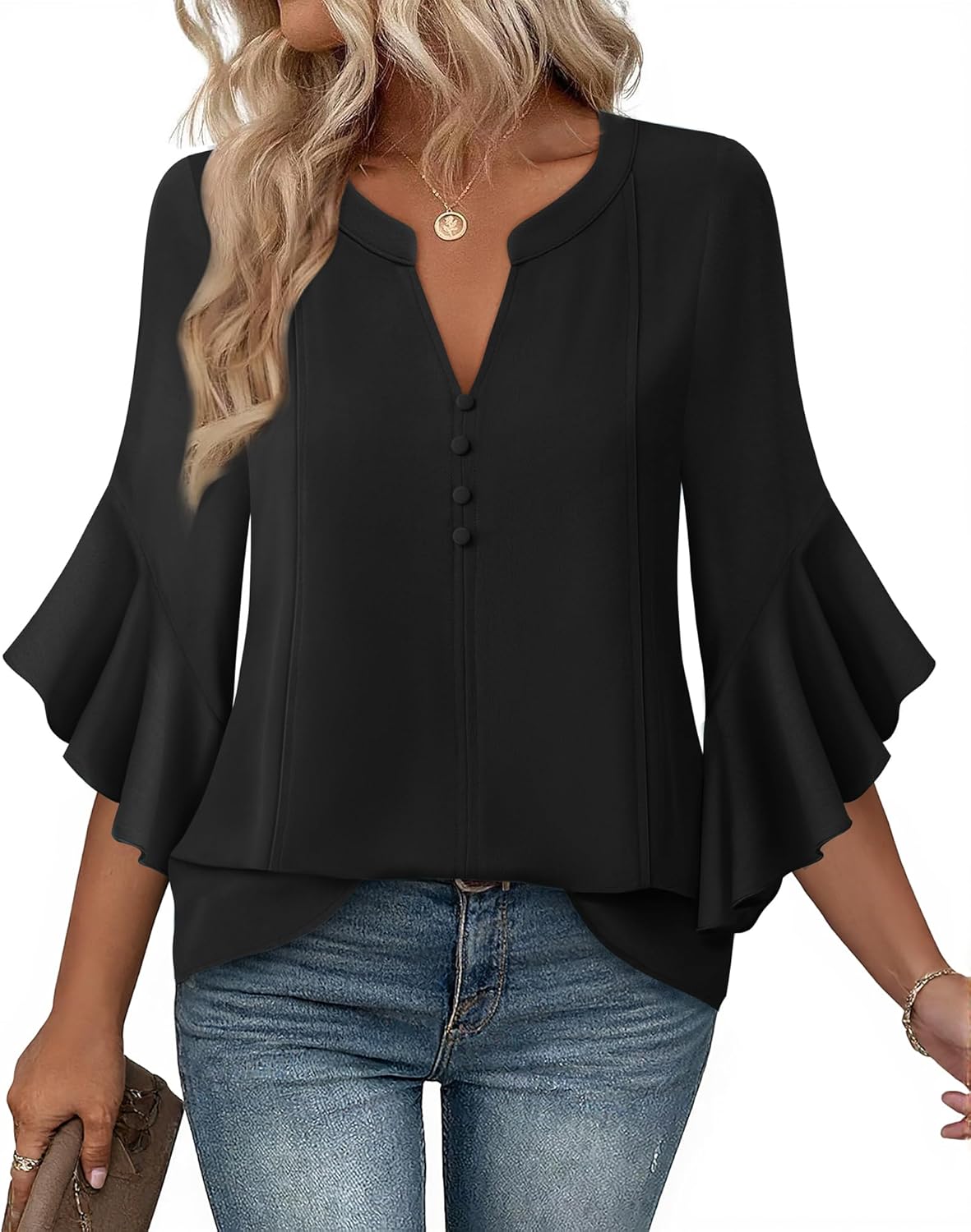 Bebonnie Womens Tops Dressy Casual Ruffle 3/4 Sleeve Henley V Neck Chiffon Blouses with Buttons