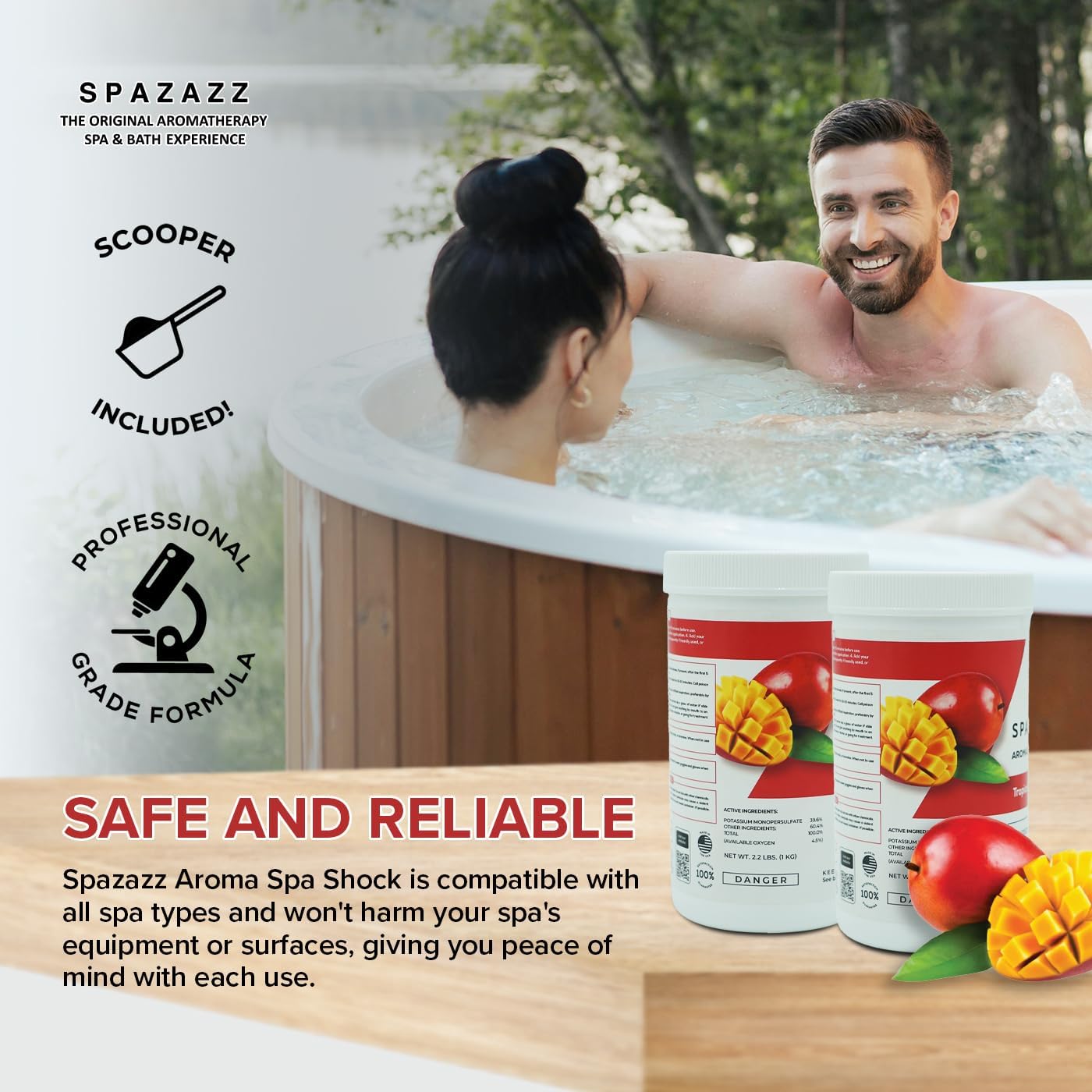 Spazazz Aroma Scented Non Chlorine Spa Shock for Hot Tubs Chlorine Free Oxidizer Treatment. Water Clarifier with Potassium Monopersulfate - Professional Grade- Tropical Paradise 2.2lb