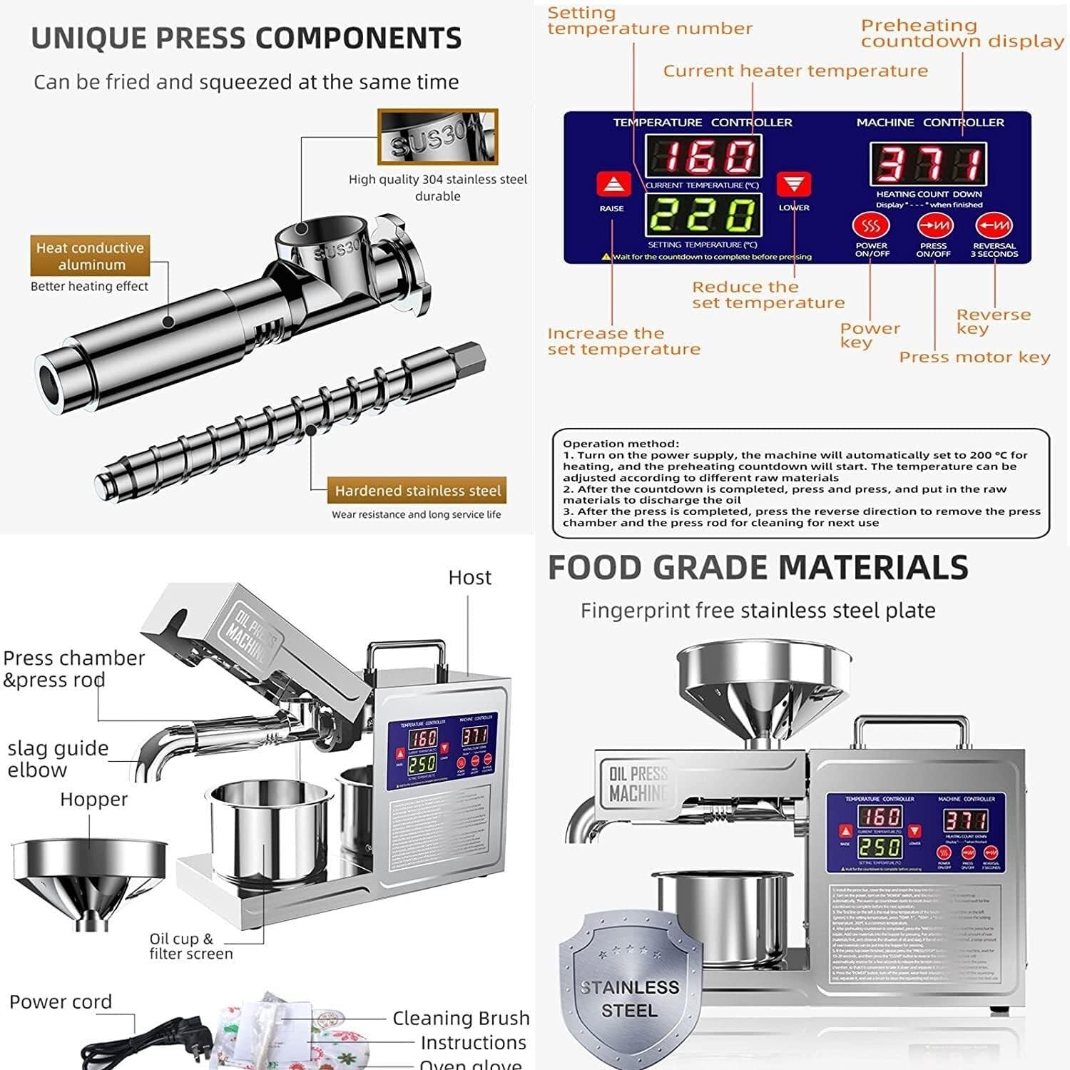 Automatische Ölpresse, 800 W Kalt-/Heißpresse, 24 Stunden Dauerarbeit