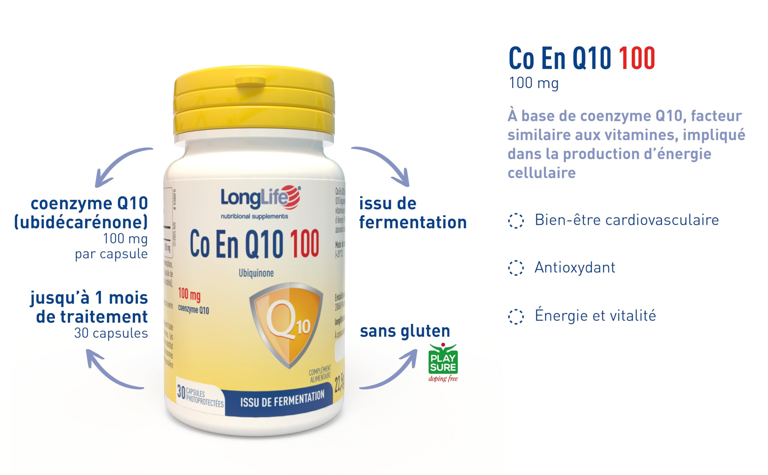 LongLife® CO EN Q10 100 mg | Coenzyme Q10, ubidécarénone pure | Antioxydant et énergisant cellulaire | Issu de fermentation | 30 capsules | Sans gluten