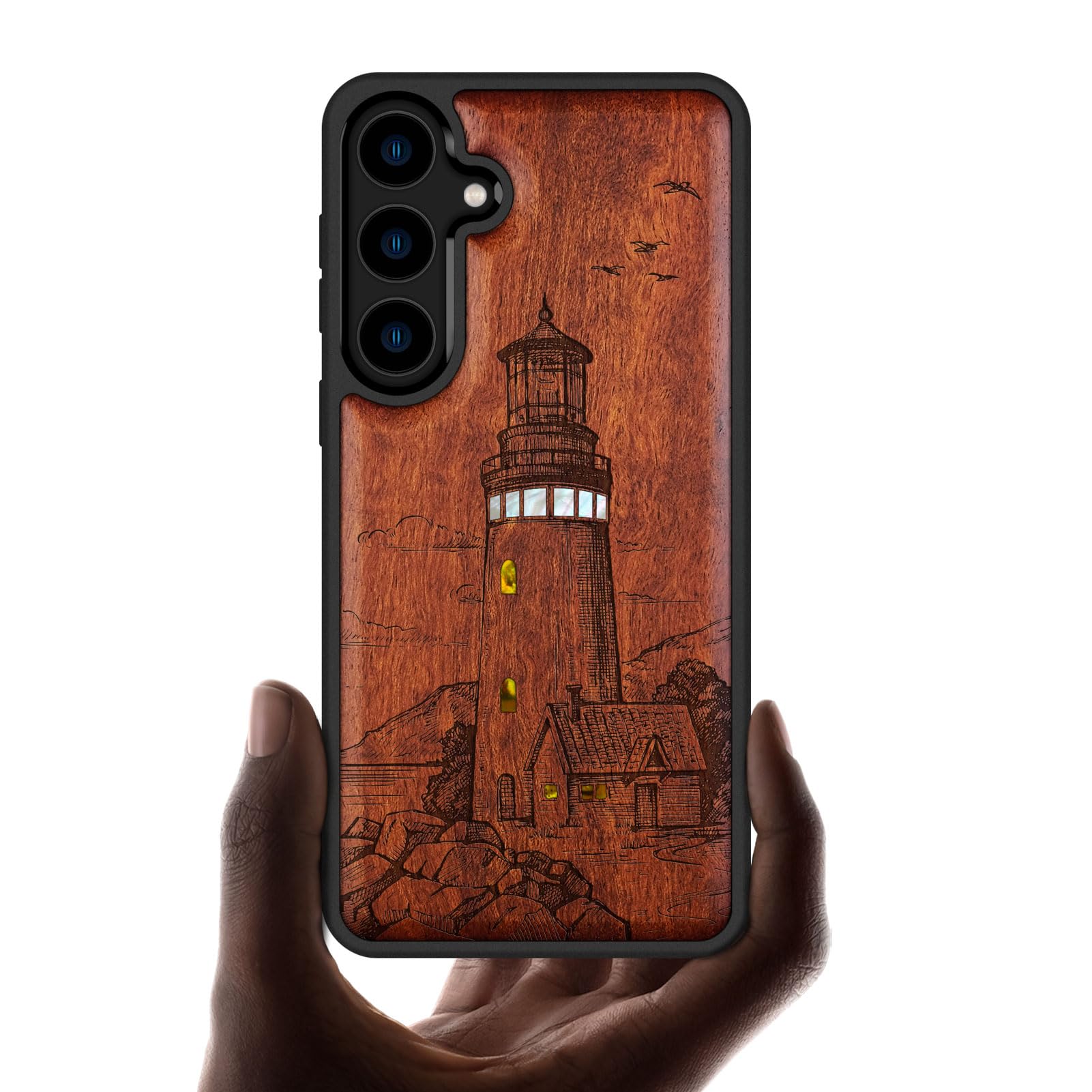 Carveit Designer Wooden Case for Samsung Galaxy S24 Case [Wood Engraving & Shell Inlay] Compatible with Wireless Chargers S24 Cover (A Flashing