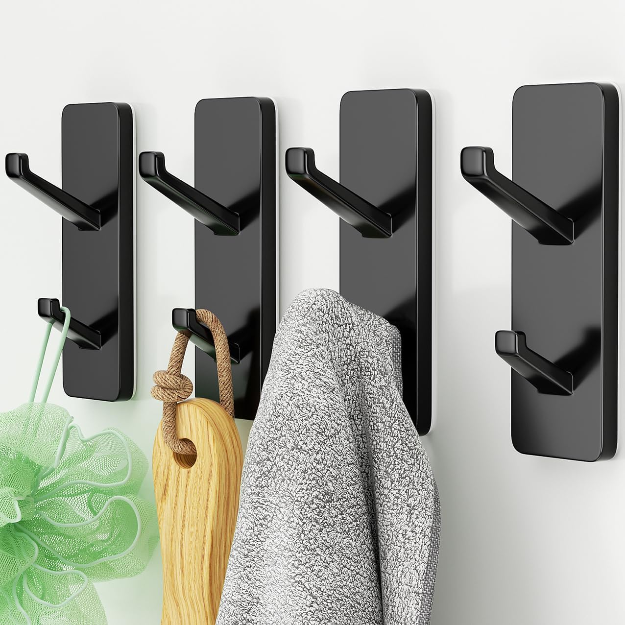 susswiff Self Adhesive Coat Hooks for Hanging: Heavy Duty Stainless Wall Hook for Towel, Backpack, Hat, Sturdy Metal Hanger for Bathroom, Bedroom, Door, Dorm, 4-Pack, Matt Black