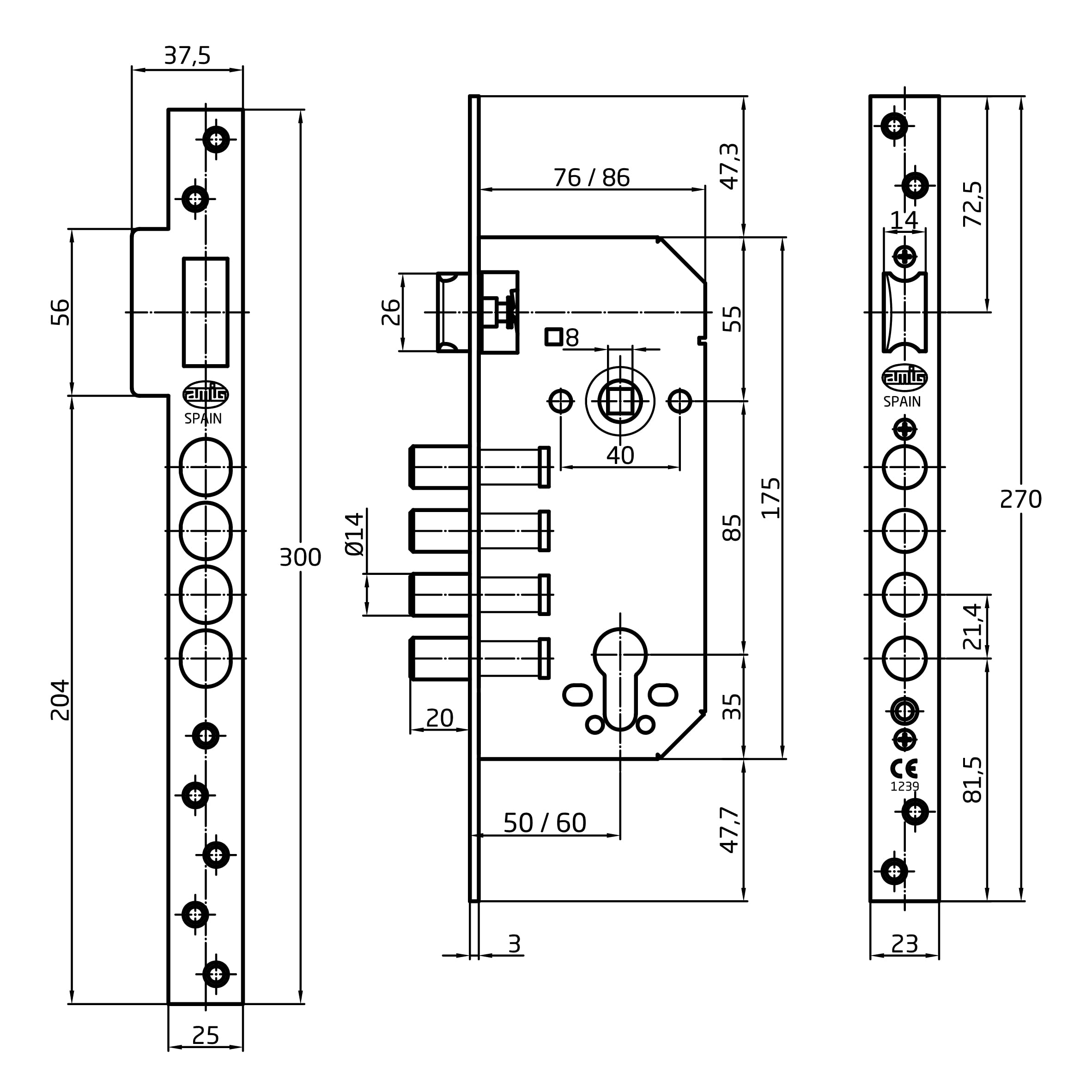 Amig - Serratura a incasso Mod. 100 base per porte in legno di ingresso | con maniglia reversibile | Per maniglie di quadrato 8 mm | in acciaio con finitura cromata opaca