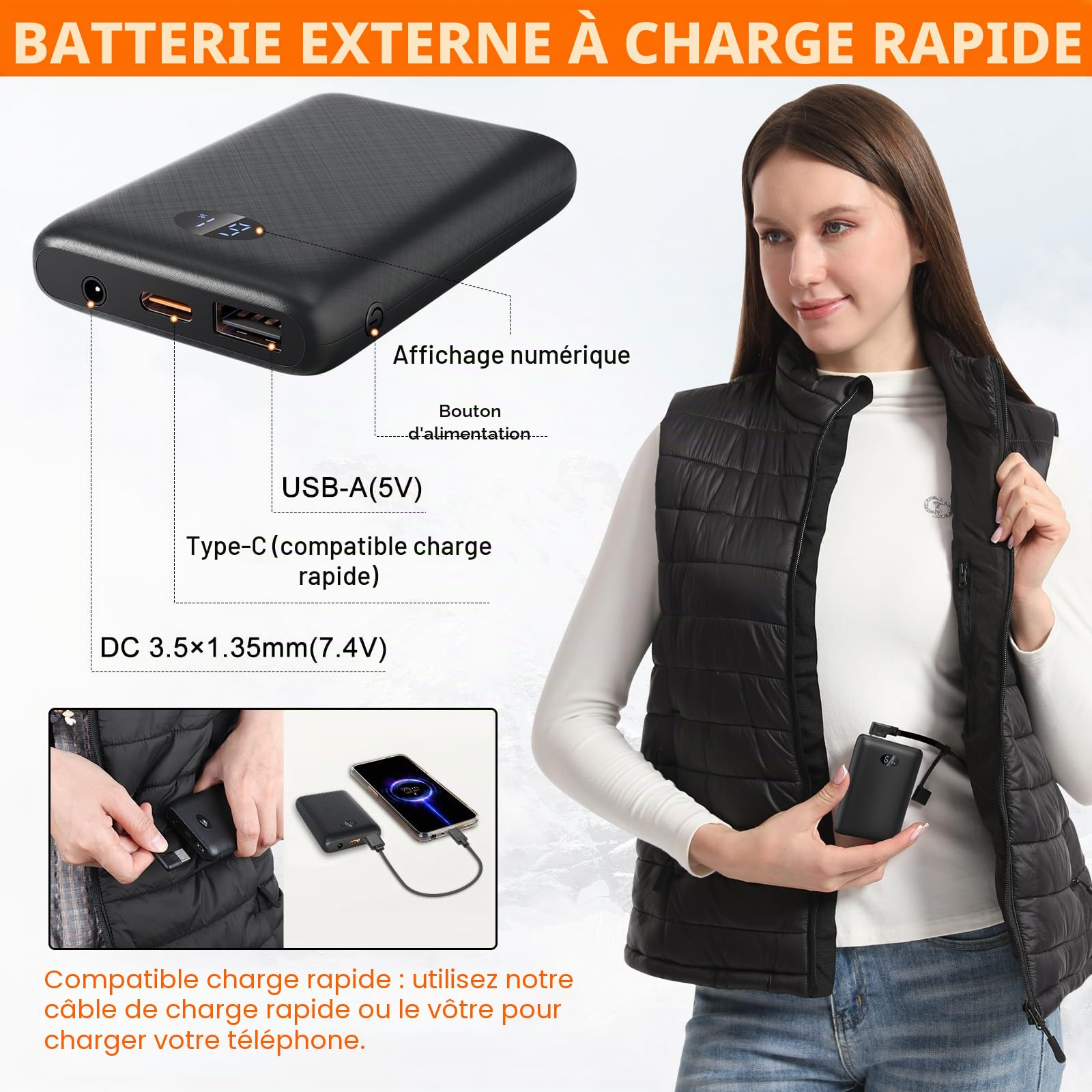 Amiable Gilet Chauffant Femme,Veste Chauffante avec 10000mAh Batterie Incluse,Gilet Chauffant Electrique avec 15 Zones,pour Moto Pêche Ski Activités de Plein Air