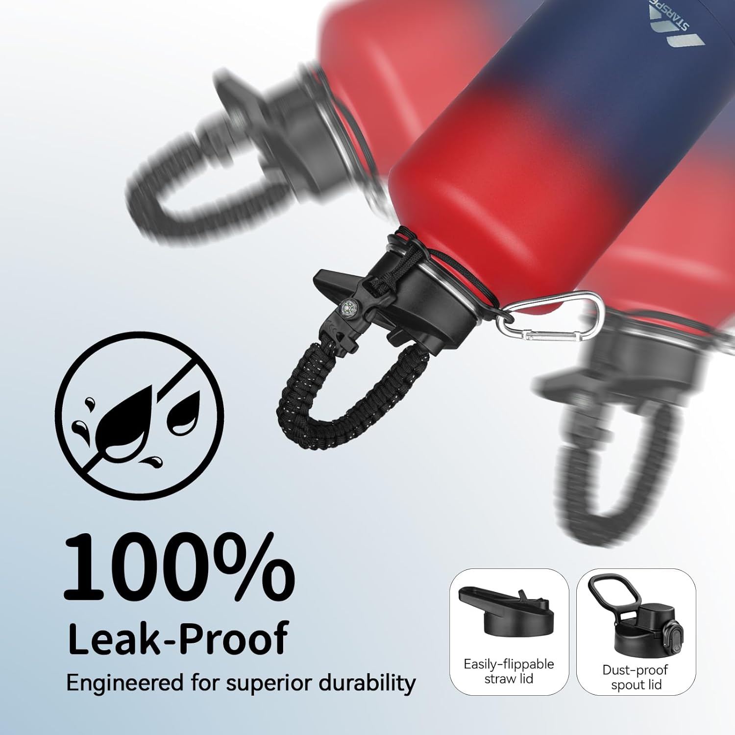 StarSpeed 64oz Insulated Water Bottle with Straws & 2 Lids, Half Gallon Stainless Steel Double Walled Vacuum Water Jug, Large Wide Mouth with Paracord Handle for Gym Camping Hiking, Red Blue - Image 6