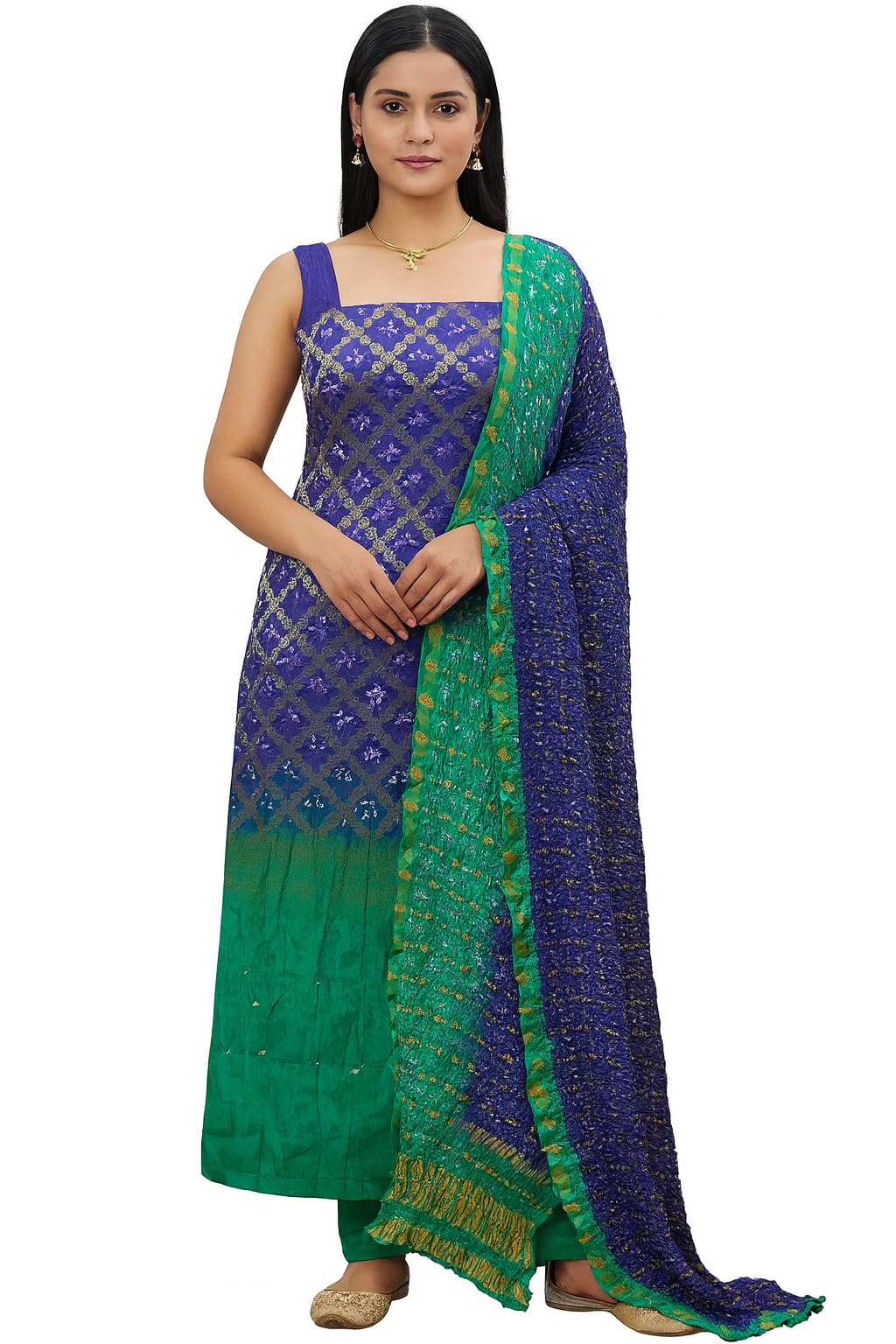 Leheriya Banarasi Bandhej Gharchola Unstitched Salwar Suit for Women – Premium 3-Piece Traditional Indian Ethnic Set-image-29
