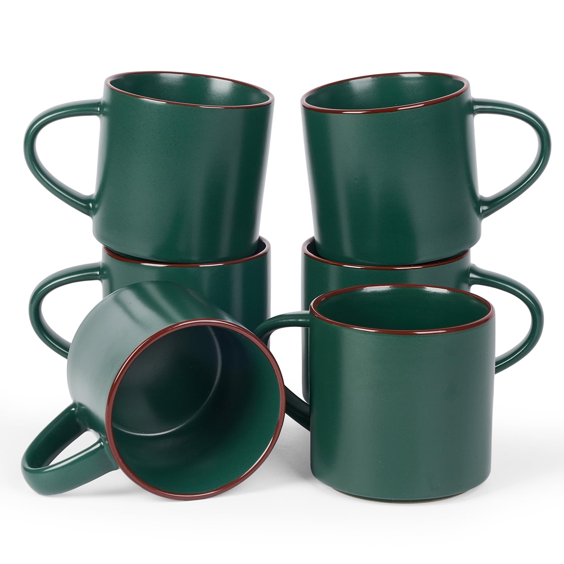 Richmount Halo Coffee Mugs Sets of 6, 13oz/370ml Stoneware Tea Cups with Large Handle and Burgundy Trim for Latte/Cappuccino/Milk/Cocoa/Tea, Microwave & Dishwasher Safe, Dark Green โ image 1
