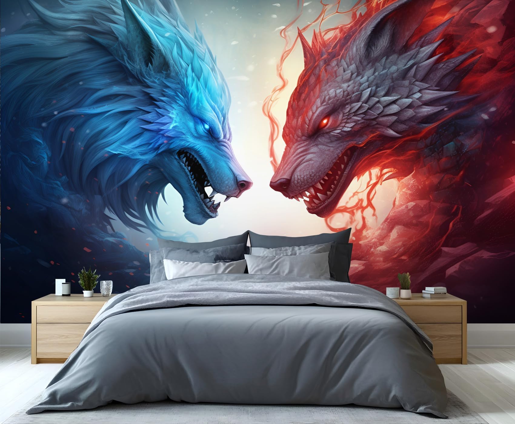 3D Wolf Mural Wallpaper, Fire Ice Wolf Murals, Fantasy Wild Animal Murals Removable Wallpaper for Living Room Bedroom Wall Home Decor Mural (Not Peel Stick)