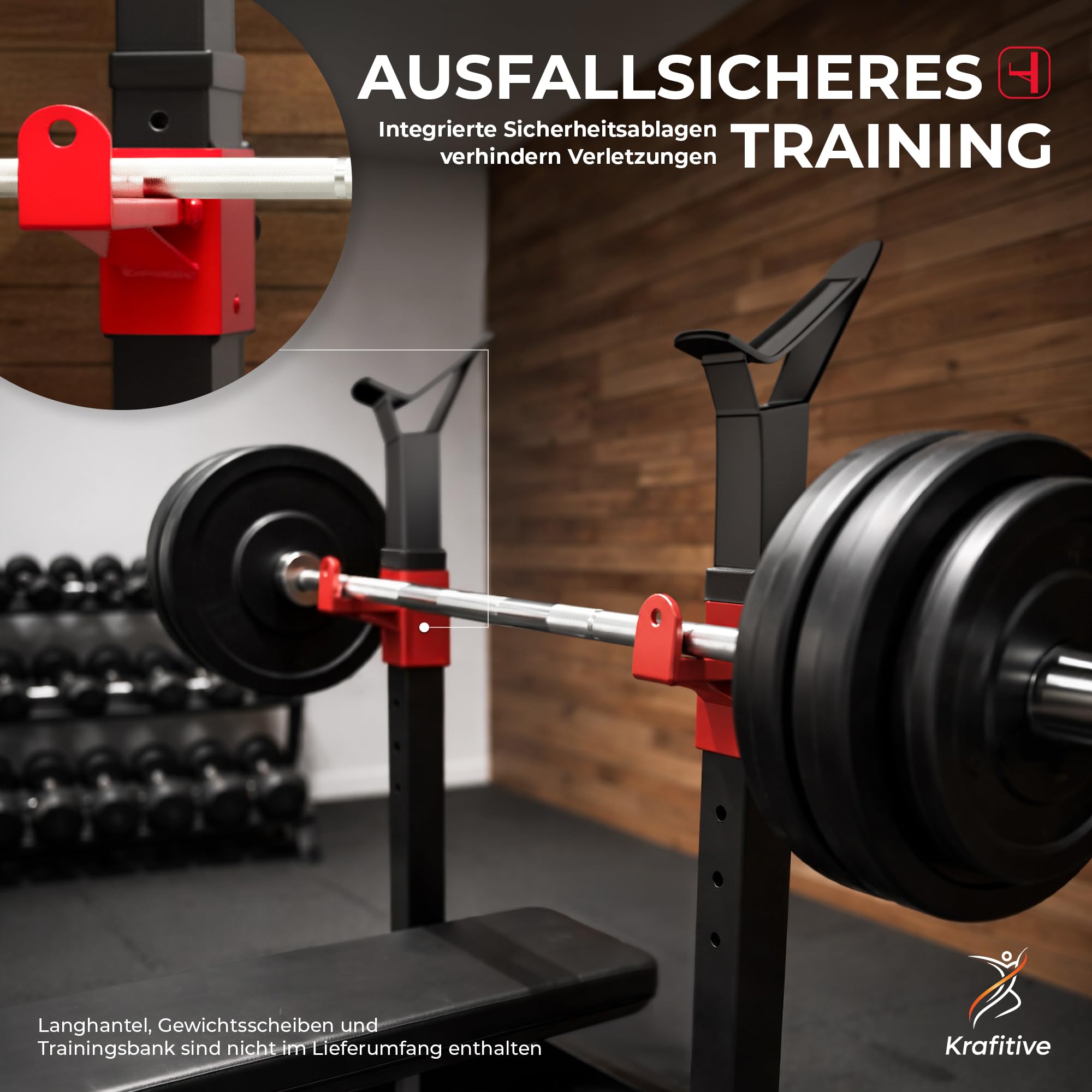 Hantelständer bis 200kg Langhantelständer Höhenverstellbar inkl. Safety-Spotter, Squat Rack Kniebeugenständer für Bankdrücken & Home Gym, Hantelablage aus Stahl, Schwarz