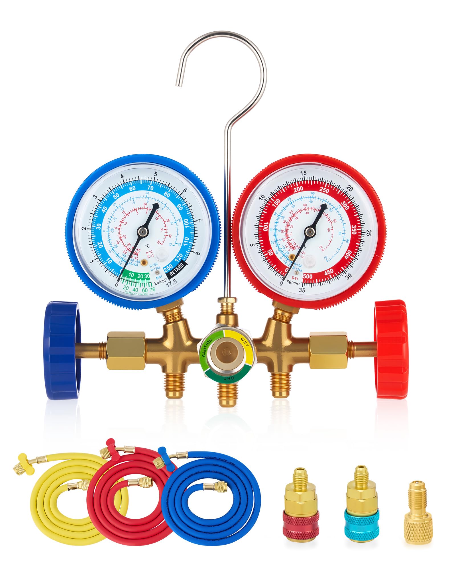 Orion Motor Tech 5FT HVAC Gauges Fits for R134A R12, R22, R502, AC Gauge Set with Quick Couplers, Adapter for Car A/C System Automotive Air Conditioning Maintenance