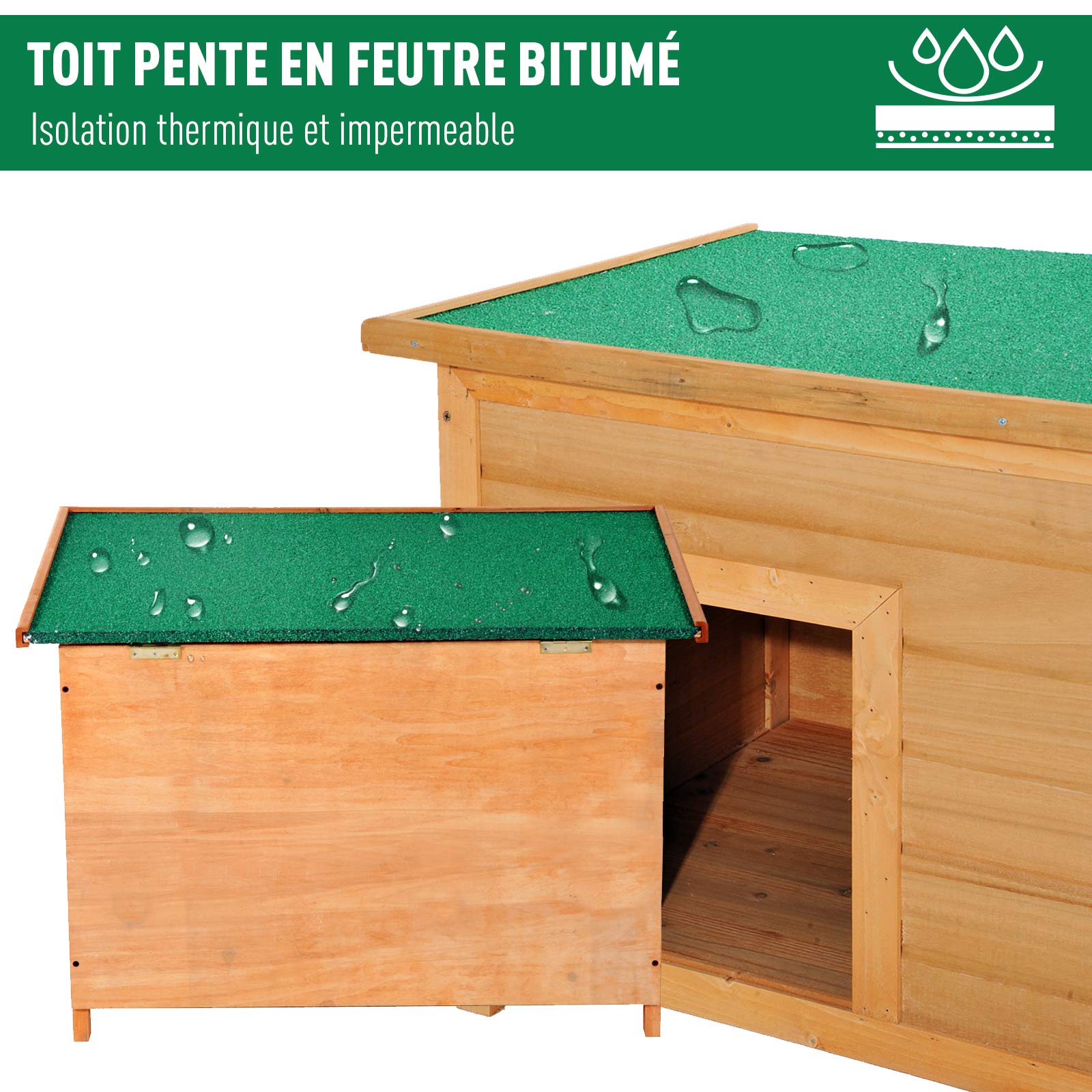 PawHut Niche pour Chien Chat en Bois sur Pied chenil Toit ouvrant bitumé 85 x 58 x 58 cm pin Massif pré-huilé Marron Vert