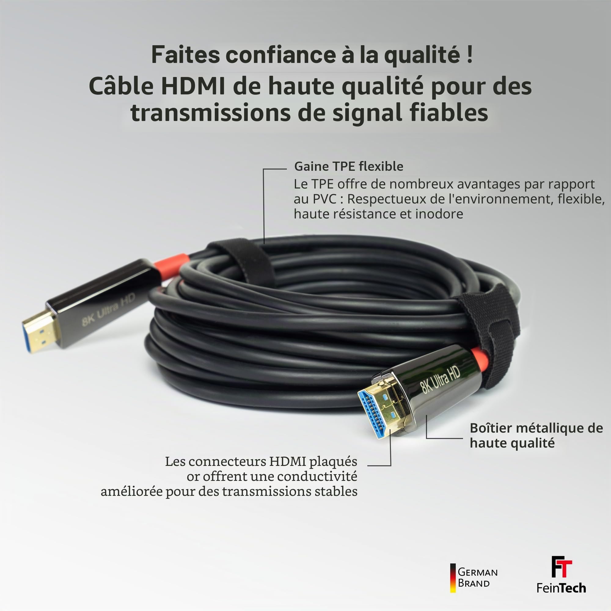 FeinTech Câble HDMI 8 K à fibre optique 8 m, 4 K 120 Hz, 1440 p 144 Hz pour HDMI 2.1 Gaming, câble HDMI PS5, Xbox PC TV, 48 Gbps, prend en charge eARC, CEC, VRR, HDR, Dolby Atmos, 3D, VMI90080