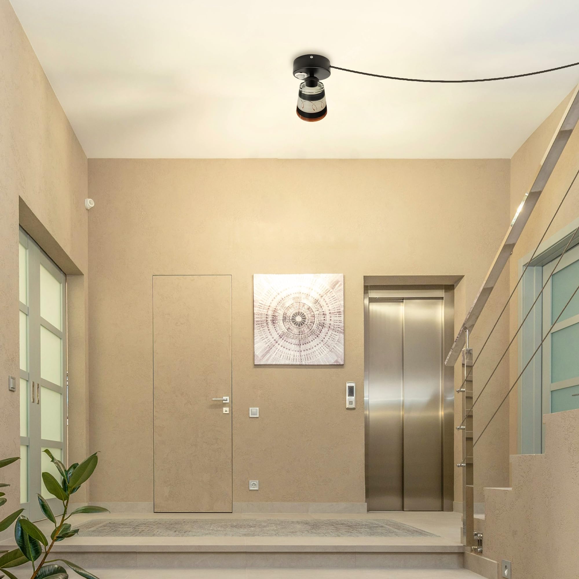 Lampada da soffitto con sensore di movimento, per interni, moderna, in vetro, sensore di movimento, con cavo da 4,5 m e portalampada E27, per corridoio, bagno, scale, garage TB3341