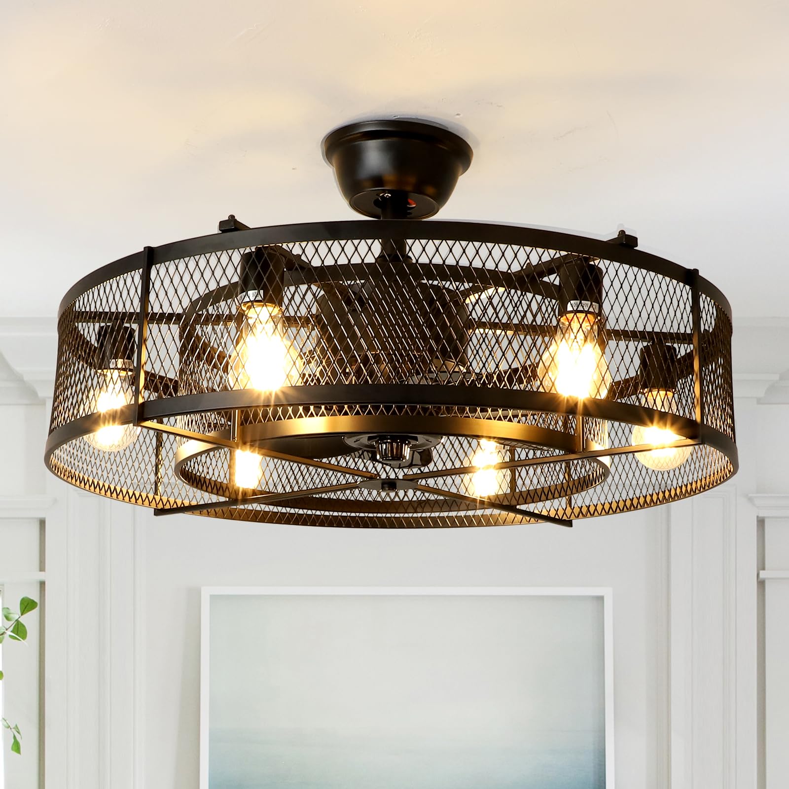 Caged Ceiling Fan for Farmhouse: 26 Inch Ceiling Fan with Light and Remote Control Reversible Blades - Black Ceiling Fan for Kitchen Low Profile (E26 Bulbs Not Included)