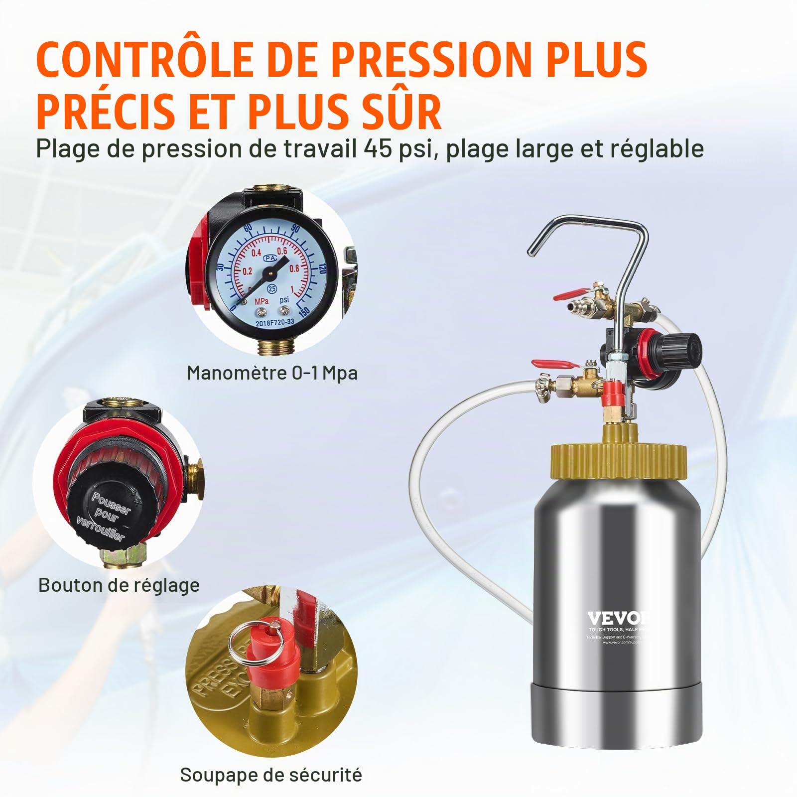 VEVOR Pistolet à Peinture avec Réservoir Portable 2 L Pot de Pression de Peinture Entrée d’Air 6,4 mm Sortie 9,5 mm Pulvérisateur de Peinture Buse 1,8 mm Pression Max 45 PSI pour Décoration Intérieure