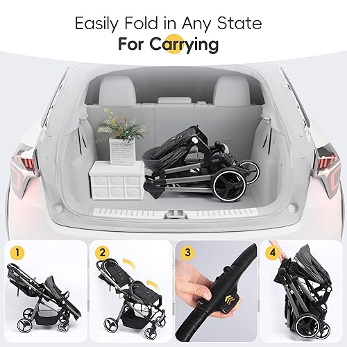 Miniatura 7 de MU Cochecito doble, cochecito plegable en tándem doble con respaldo ajustable, asiento reversible, arnés de 5 puntos, canasta de almacenamiento,