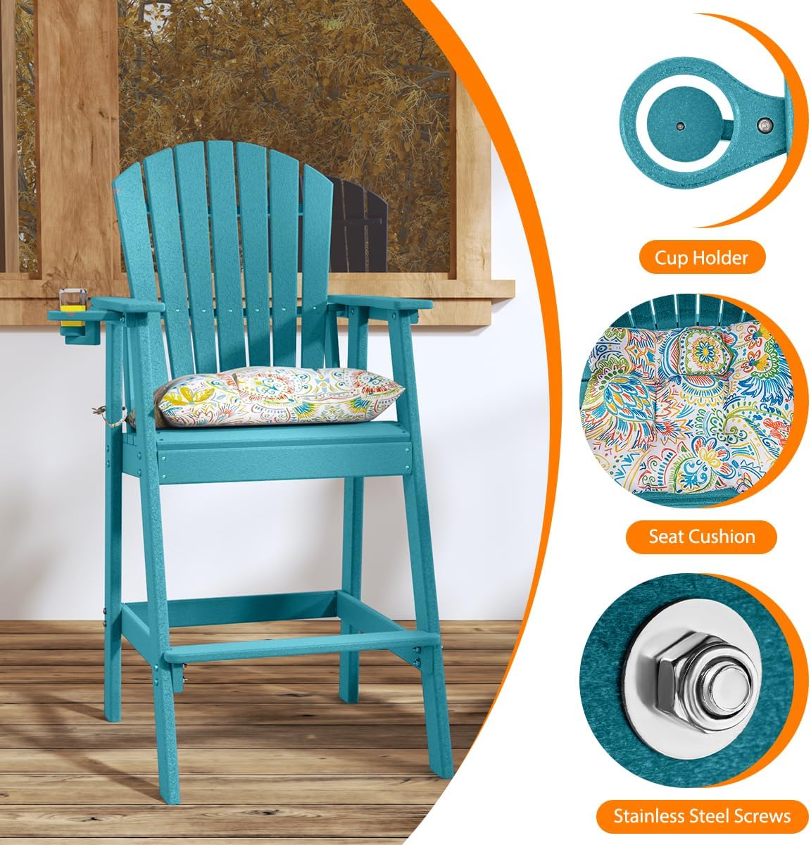 Sundale Outdoor Adirondack Bar Chairs Set of 4, Patio HDPE Bar Stools with Backrest, 30 Inch Seat Height Bistro Tall Dining Counter Barstools with Cushion (Turquoise, 4 Stools)
