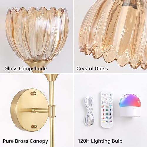 Miniatura 7 de Juego de 2 apliques de pared a pilas, tulipán ámbar vintage, lámpara de pared recargable de 5000 mAh con batería con control remoto para sala de