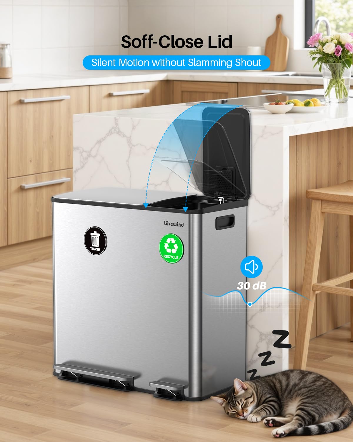 Dual Trash and Recycling Bins for Kitchen, 13.2 + 5.2 Gal (50+20L) Stainless Steel Trash and Recycle Bin Combo with Soft-Close Lid, Large Garbage Cans for Kitchen Home with 2 Magnets Sticker, Silver - Image 4