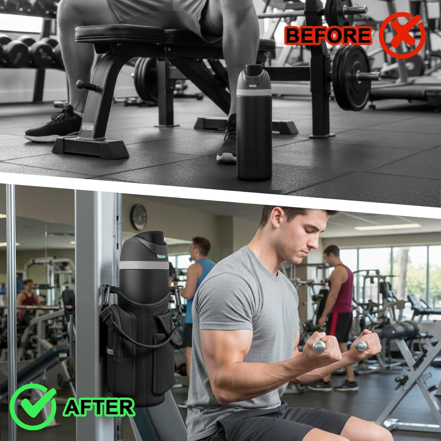 Magnetic Gym Water Bottle Bag, Carrier Holder for Water Bottle with 14 Magnets,Phone Pouch & Detachable and Adjustable Shoulder Strap for Men Women(Pouch Only)-Black - Image 3