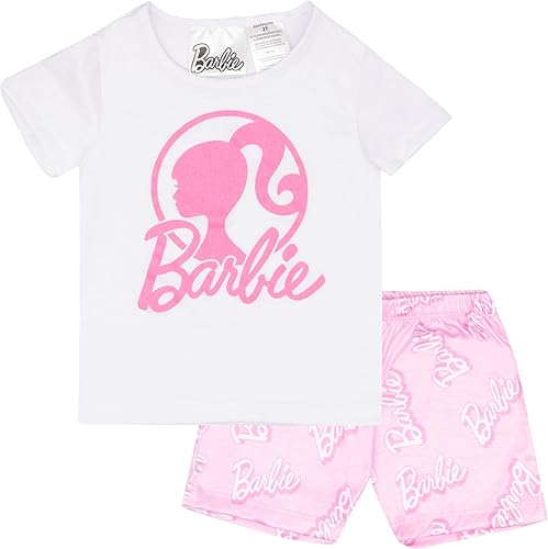 Barbie Girls 2-Piece T-Shirt and Shorts Set - Logo Graphic Print Design - Lightweight Summer Outfits for Kids (White/Pink, Size 5)