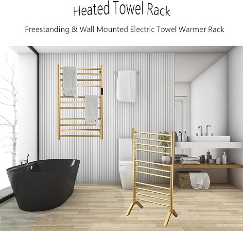 Miniatura 2 de Calentador eléctrico de toallas radiador con temporizador integrado dorado, 140 W montado en la pared e independiente toallero calefactable con 11