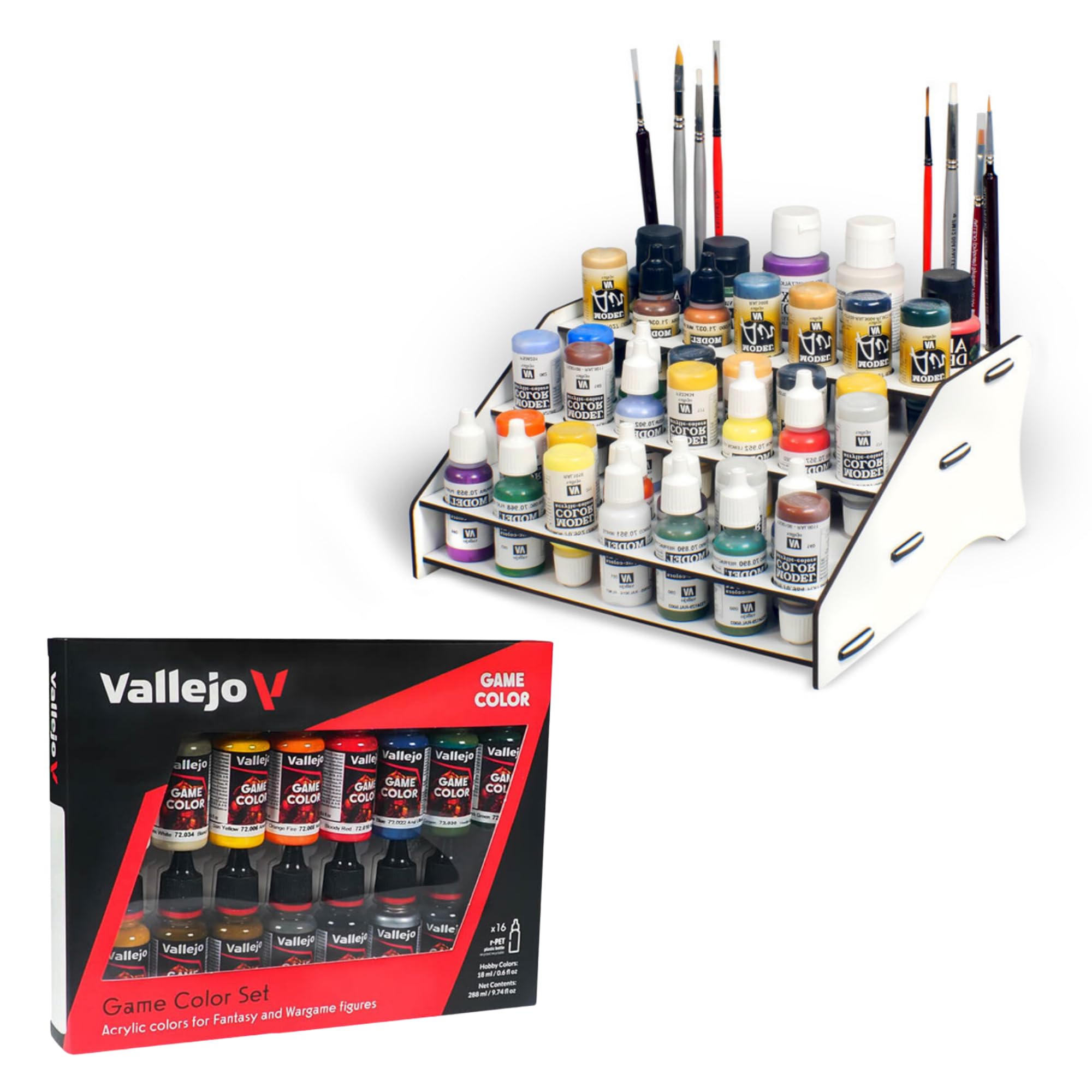 Silu- Vallejo Game Color mas Organizador pinturas acrilicas y pinceles para Mesa de Trabajo, perfecto para pintar Warhammer, Warhammer 40K, Miniaturas, Modelismo, Maquetas