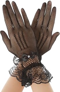 Black Lace Gloves Wome Wedding Tea Party Fishnet Gloves Elegant Women Bow Black for Halloween, Princess Dinner Party Costume Opera Prom Bridal Cutout Accessories