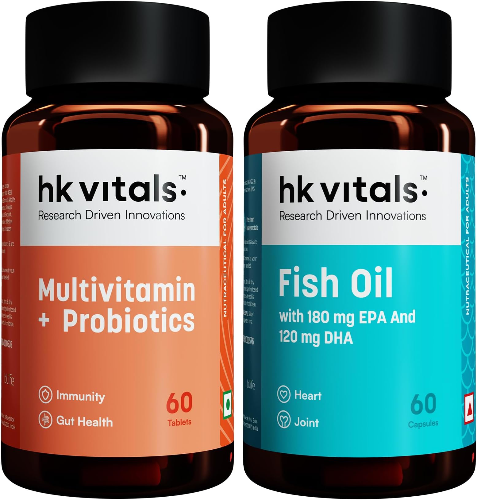 HealthKart HK Vitals Multivitamin with Probiotics, 60 Tablets and Fish Oil (1000 mg Omega 3 with 180 mg EPA & 120 mg DHA),Pack of 60 Capsules