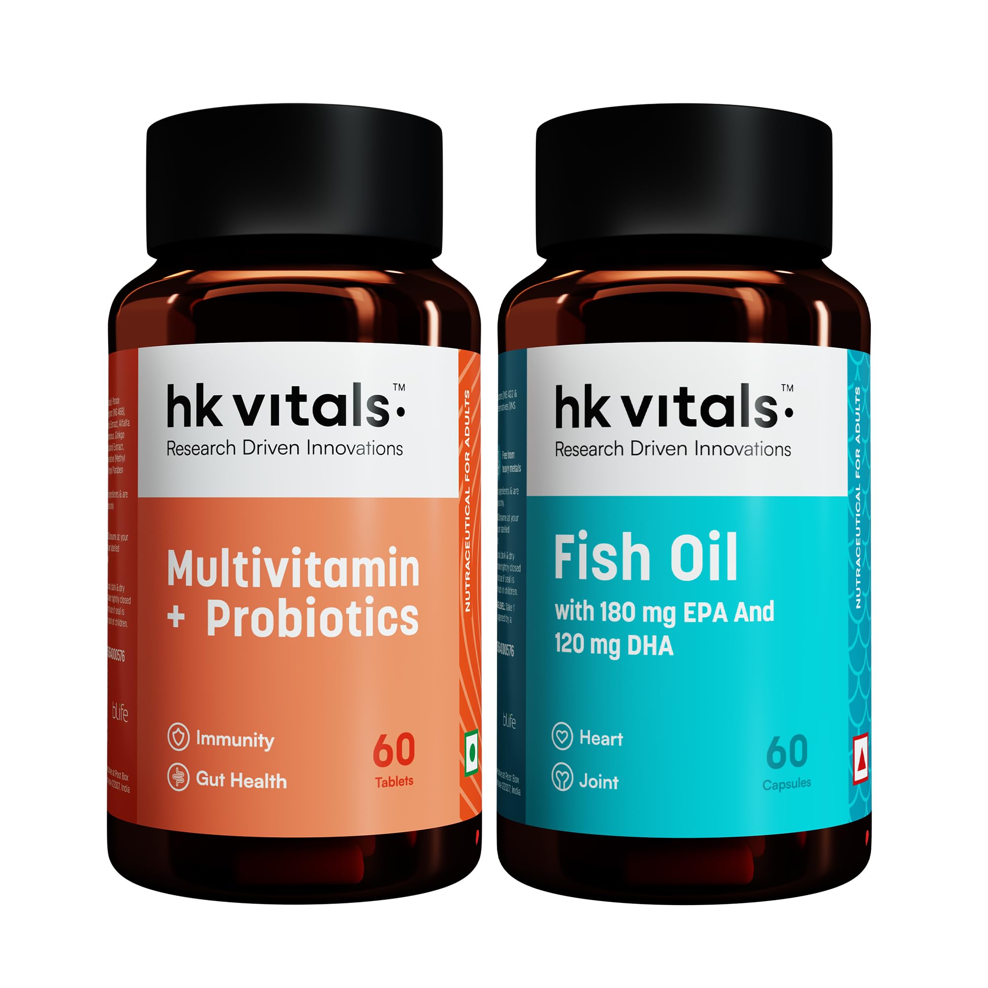 hk vitals Fish Oil and Multivitamin Plus Probiotics (60 Tablets Each) Combo Pack | 1000mg Omega 3 with 180mg EPA & 120mg DHA | Enhances Energy, Immunity & Joints Health