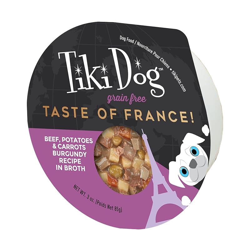 Ração úmida para cães adultos TIKI PETS Taste of the World France, carne bovina e batatas, copo com 85 g, pacote com 4