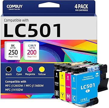 COMBUY LC501 Ink Cartridges 4-Pack Compatible for Brother LC501 LC 501 LC501XL Ink Cartridges LC501BK LC501C LC501M LC501Y use with Brother MFCJ1360dw MFC-J1360DW MFC-J1260DW MFC-J1410DW Printers