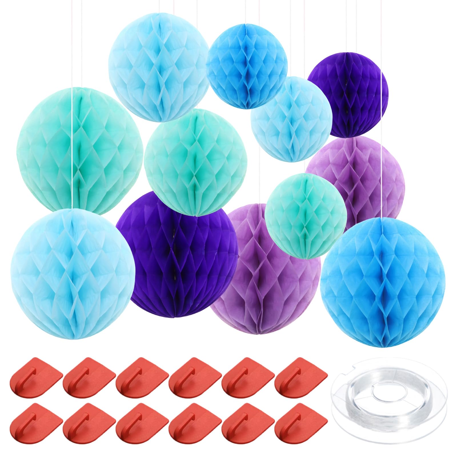 25 Pcs Blue Paper Honeycomb Balls, Hanging Honeycomb Decorations Kit with 15cm 20cm 25cm Green Paper Decorations 12 Hooks and 60m Fishing line for Birthday Wedding Graduation Party