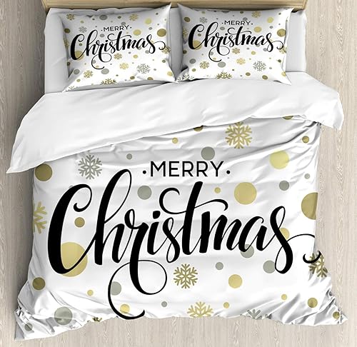 Ambesonne Juego de funda de edredón de Navidad, letras de Feliz Navidad en un patrón abstracto moderno de puntos de copo de nieve, juego de ropa de