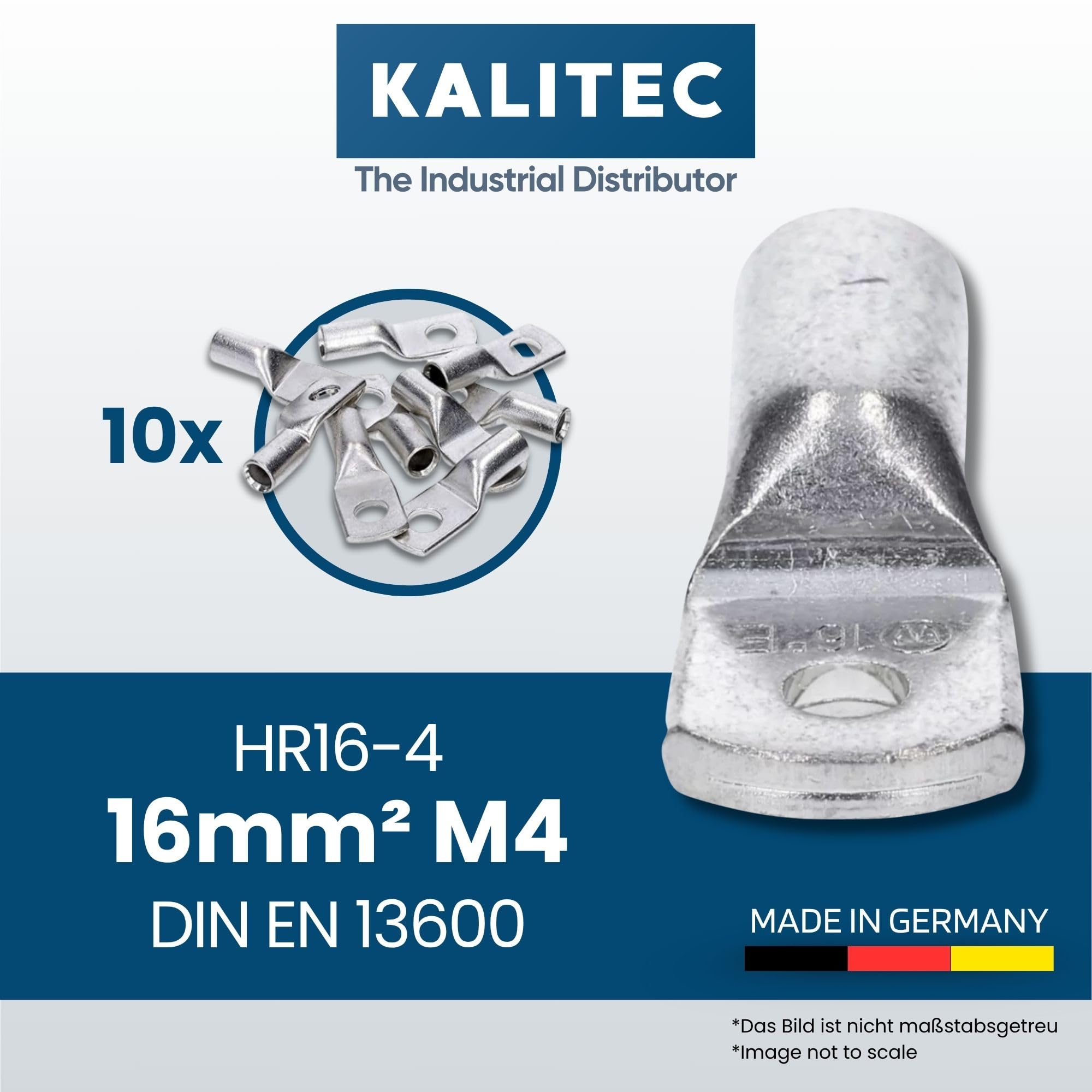 Kalitec Lot de 10 Cosses Tubulaires 16 mm² M4, Connecteurs de Câble | Cuivre étamé de haute pureté, sertissage standard pour installation électrique, solaire et automobile, qualité Allemande