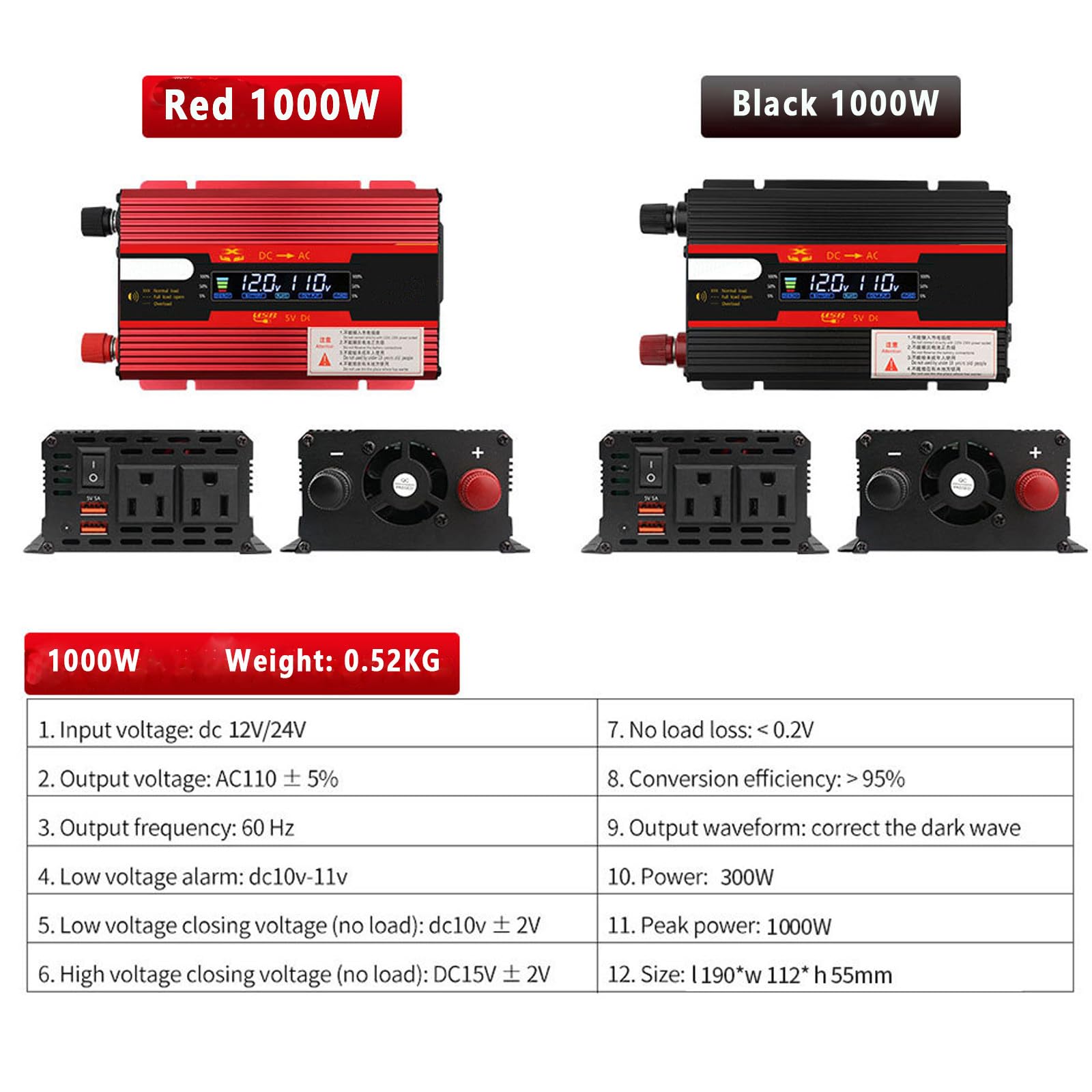 Przetwornica napięcia samochodowego 1000W 3000W szczytowa moc 12V/24V-110V Uniwersalny transformator sinusoidalny Konwerter Zapalniczka samochodowa,Red-1000W