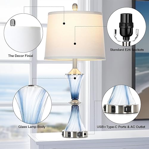 Miniatura 6 de Juego de 2 lámparas de mesa de cristal azul con puertos USB C+A y salida de CA, lámpara de noche, lámparas modernas para dormitorio, lámpara costera