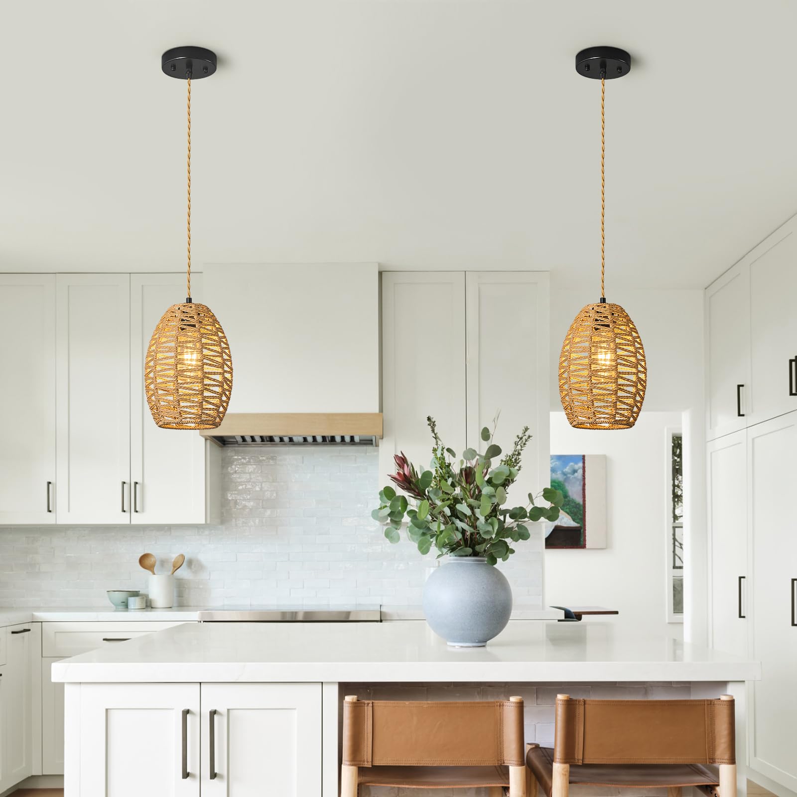 ZPBSJ Brown Rattan Pendant Light Kitchen Island Chandelier Height Adjustable Boho Lamp E27 Basket Lamp for Farmhouse Living Room (1Pack) - Image 2