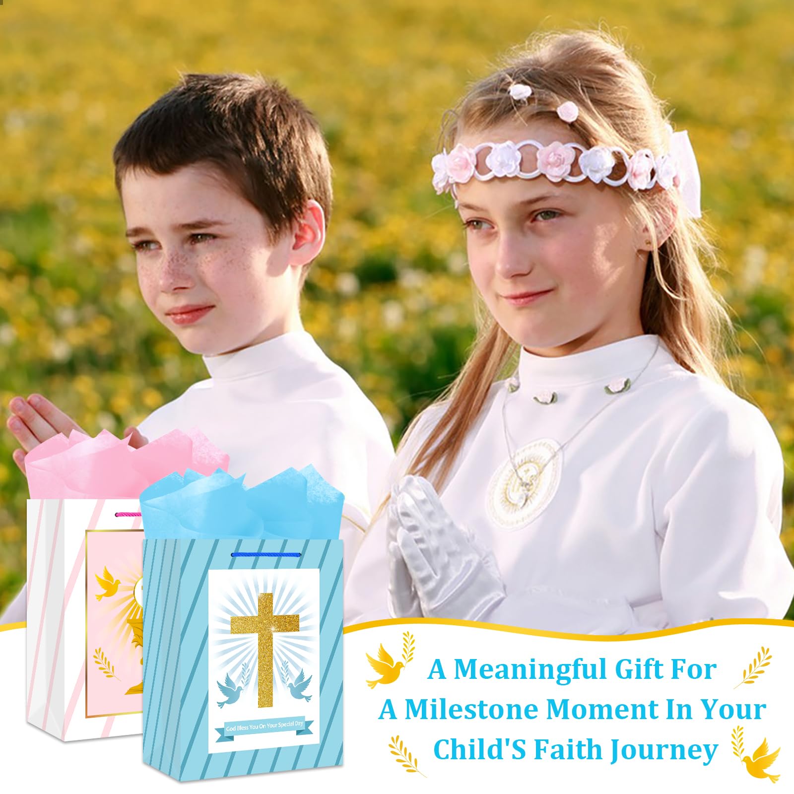 BIZIBAFF First Communion Gifts Bag for Boys Girls - 13" Baptism Gifts Bag with Tissue Paper Easter Religious Christian Gift Bag Christenings Confirmations Gifts for Baby Boys Girls