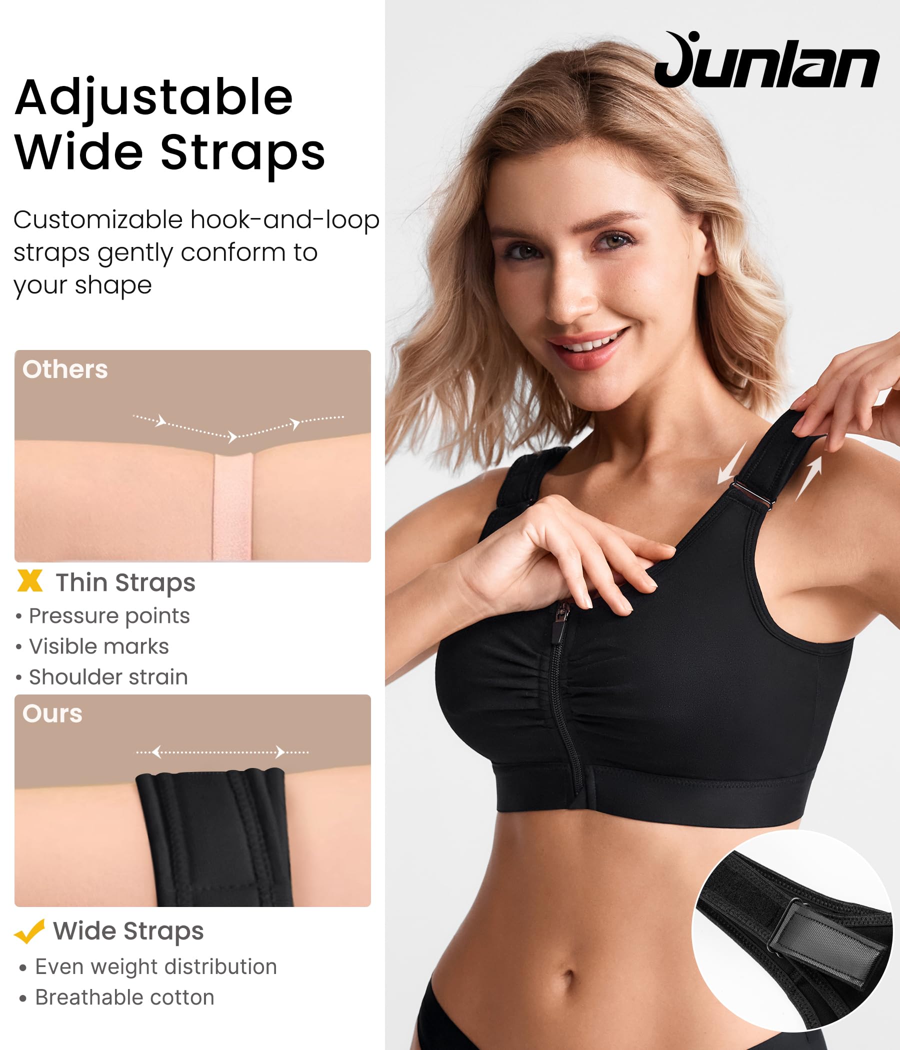 Junlan Reggiseno Sportivo Alta Tenuta Donna, Leggero per Fitness Jogging Yoga Equitazione, Postoperatorio con Pulsante Anteriore E Petto Regolabile Racerback