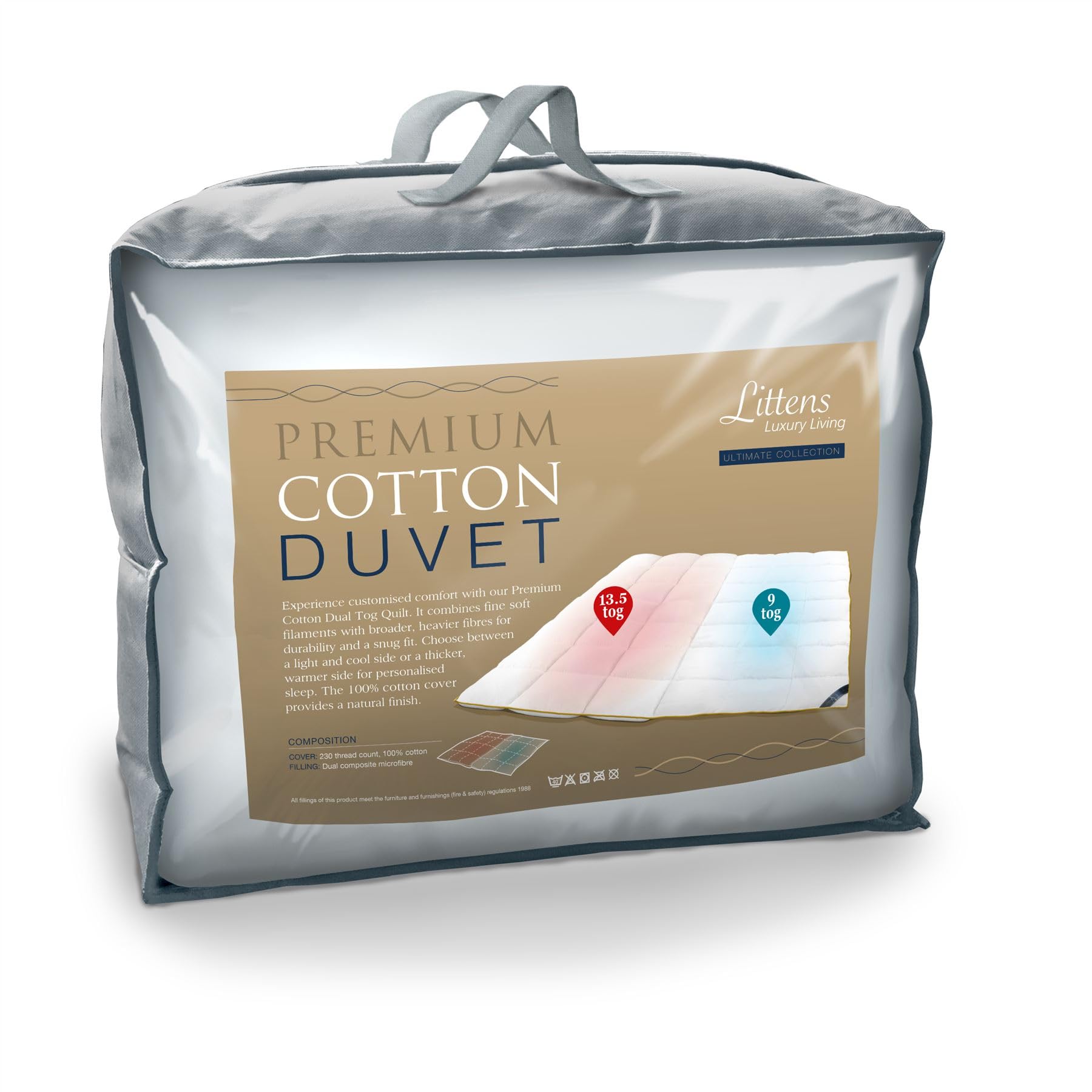 Littens Dual Zone 9 & 13.5 Tog Luxury Emperor Bed Size Duvet Quilt, 230TC Premium Cotton, Dual Blend Microfibre Fill, Box Stitching, Gold Pipe Edge, Energy Efficient, Warm & Cool (290cm x 235cm)