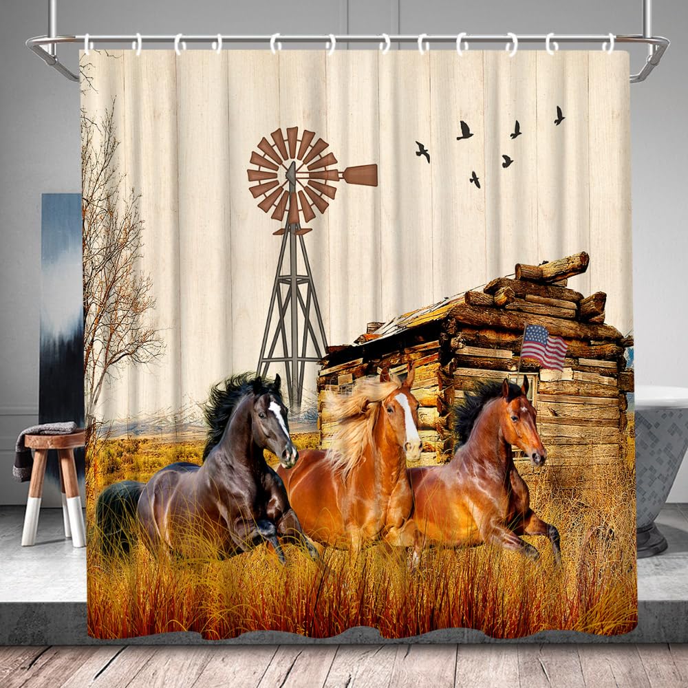YSATNSFT Cortina De Ducha De Caballo, Rústico, Granja, Animales, Granero, Tela Occidental, Juego De Decoración De Baño Con Ganchos, (70 Pulgadas De Ancho X 70 Pulgadas De Alto